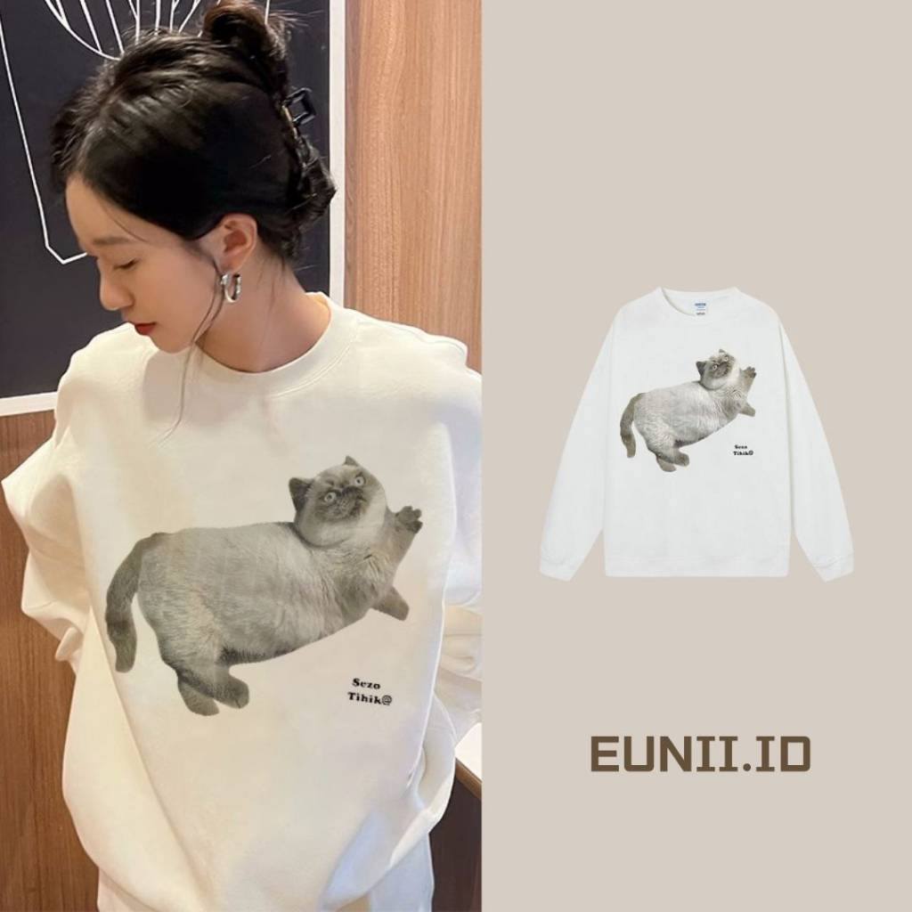 EUNII Sweater Lengan Panjang Cartoon Lazy Cat Korean Style/Hoodie Oversize/Baju Wanita/Switer Wanita