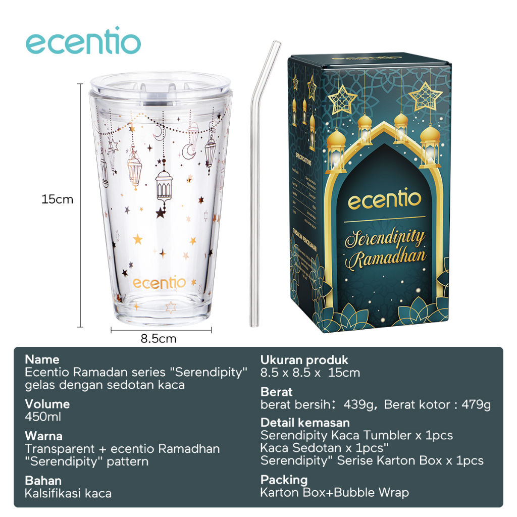 ecentio &amp; FOODI gelas tumbler kaca sedotan Cangkir Kopi 450ml hampers Serendipity seri Ramadhan ONLY/Tumblr Coffee Bottle/Gelas Minum Kaca