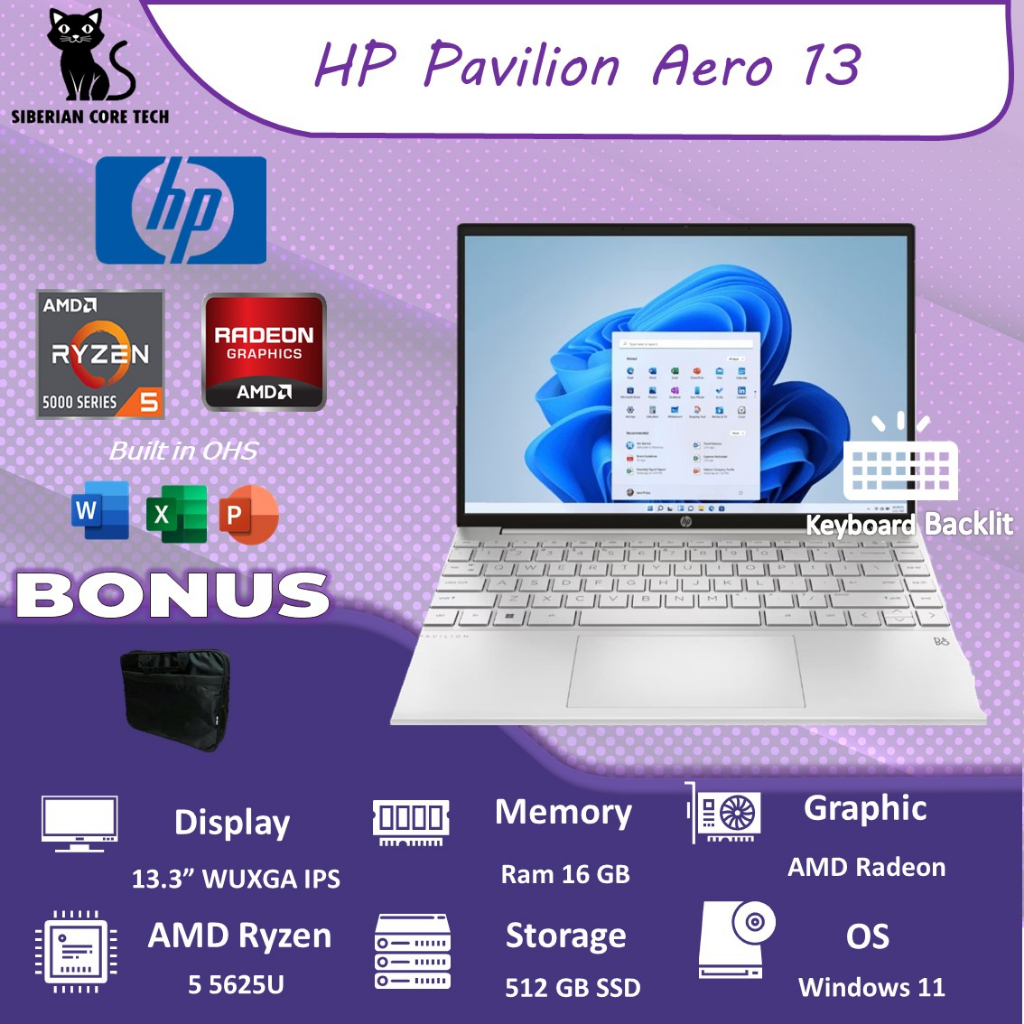 HP PAVILION AERO 13 BE1000AU RYZEN 5 5625U 16GB 512SSD VEGA7 W11+OHS 13.3 WUXGA IPS BLIT 2YR+ADP (UNDER 1KG)