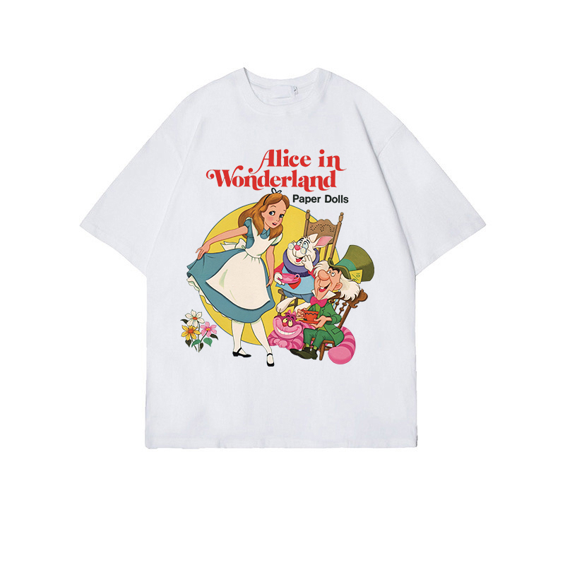 Baju Atasan Wanita Kaos Alice In Wonderland Motif Printed T-shirt Import Kaos Basic Kekinian Lengan Pendek Kaos Hitam