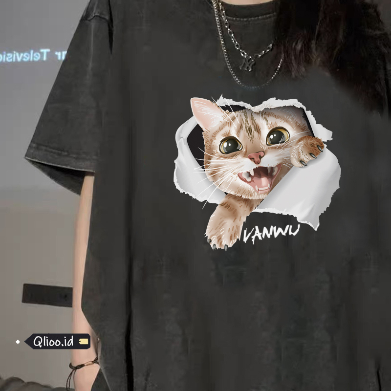 Print Washed T-shirt Kaos Lengan Pendek Oversize Cartoon Torn Cat Korean Style Atasan Wanita