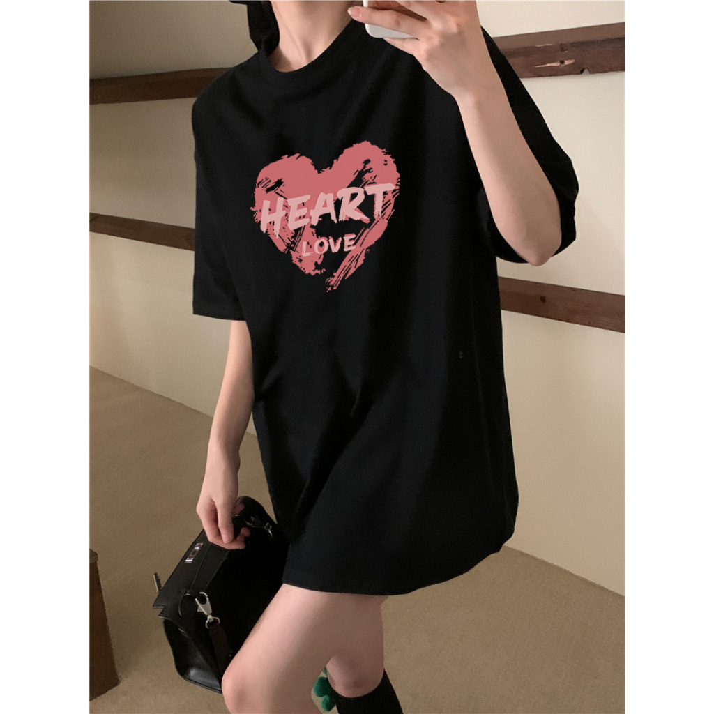 XiaoZhaiNv Kaos Atasan Wanita Paint Love Pattern Lengan Pendek A0802