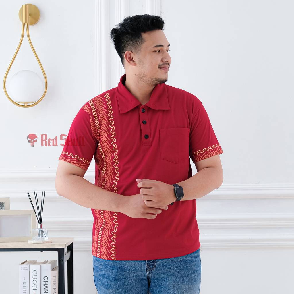 RED SKULL Kaos Kerah Polo Batik Parang Bahan Katun Solo Hijau Ada Saku