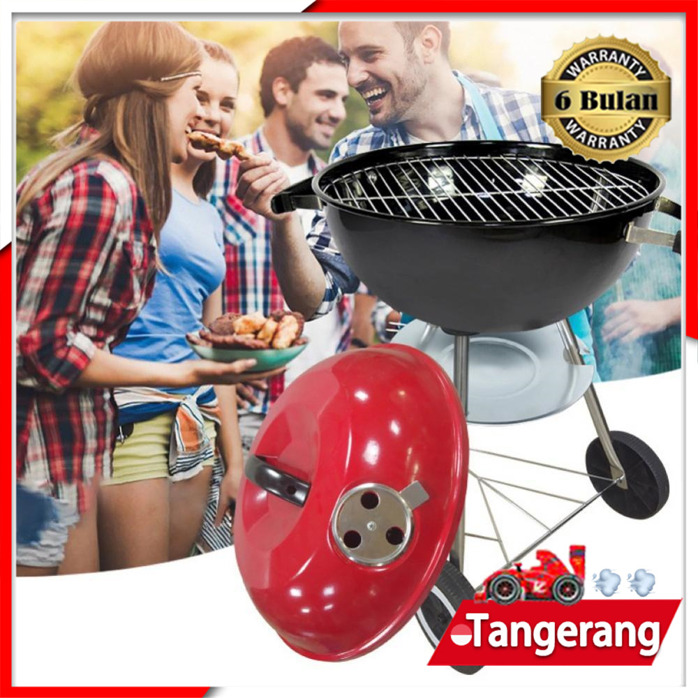 Trolley Barbecue Charcoal Grill 17 Inch BBQ Premium Outdoor Cooking Camping Red Kettle Grill Tailgating Portable Round Thickened Grilling Bowl with Wheels