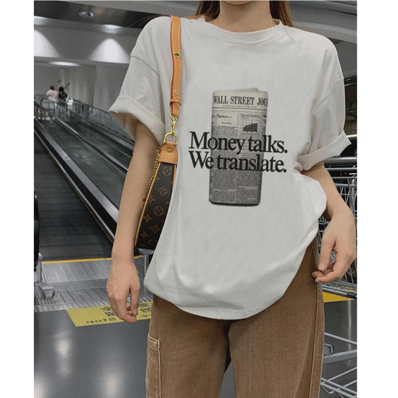 kaos korea wanita lengan pendek newspaper graphic print t-shirt import kekinian kaos cream ootd