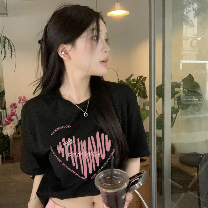 Print T-shirt Kaos Lengan Pendek Pink Heart Electricity Love Oversize Atasan Wanita  Korean Style
