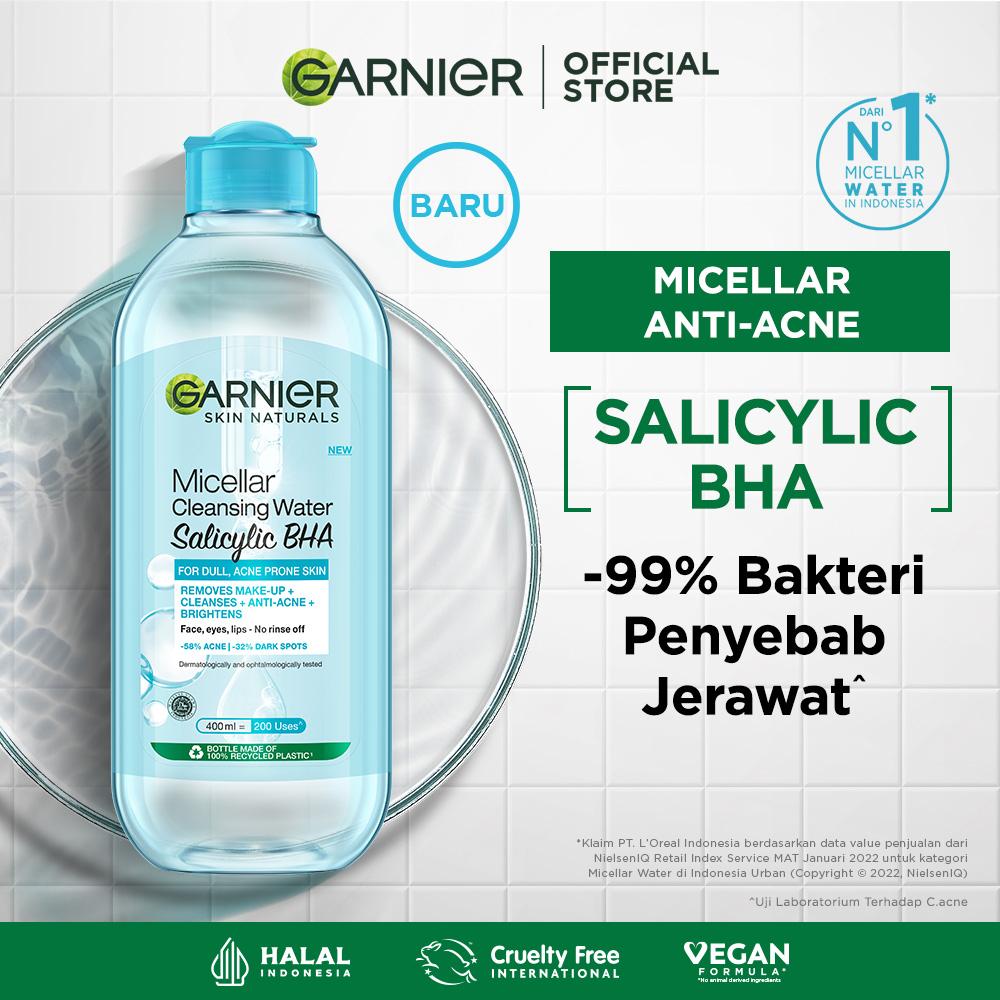 Garnier Micellar Water Blue Biru (Pembersih Wajah Berminyak/Berjerawat) - 125ml 400ml Micelar Kulit