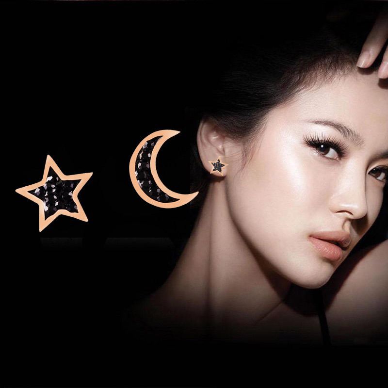 anting bulan bintang hitam titanium asli