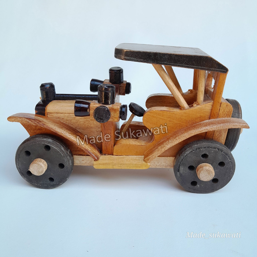 Miniatur mobil klasik 19cm kerajinan kayu handmade