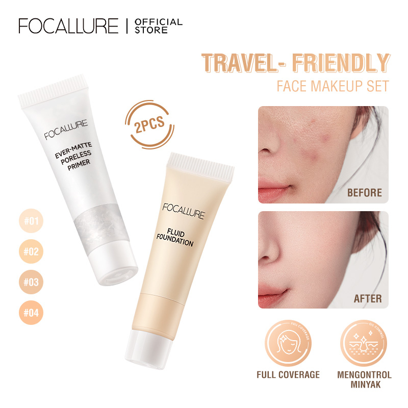 FOCALLURE Face Makeup 2pcs Set Travel Size Foundation +Primer Oil Control Long-Lasting Moisturizing Oil Control Cosmetics Convenience Kits