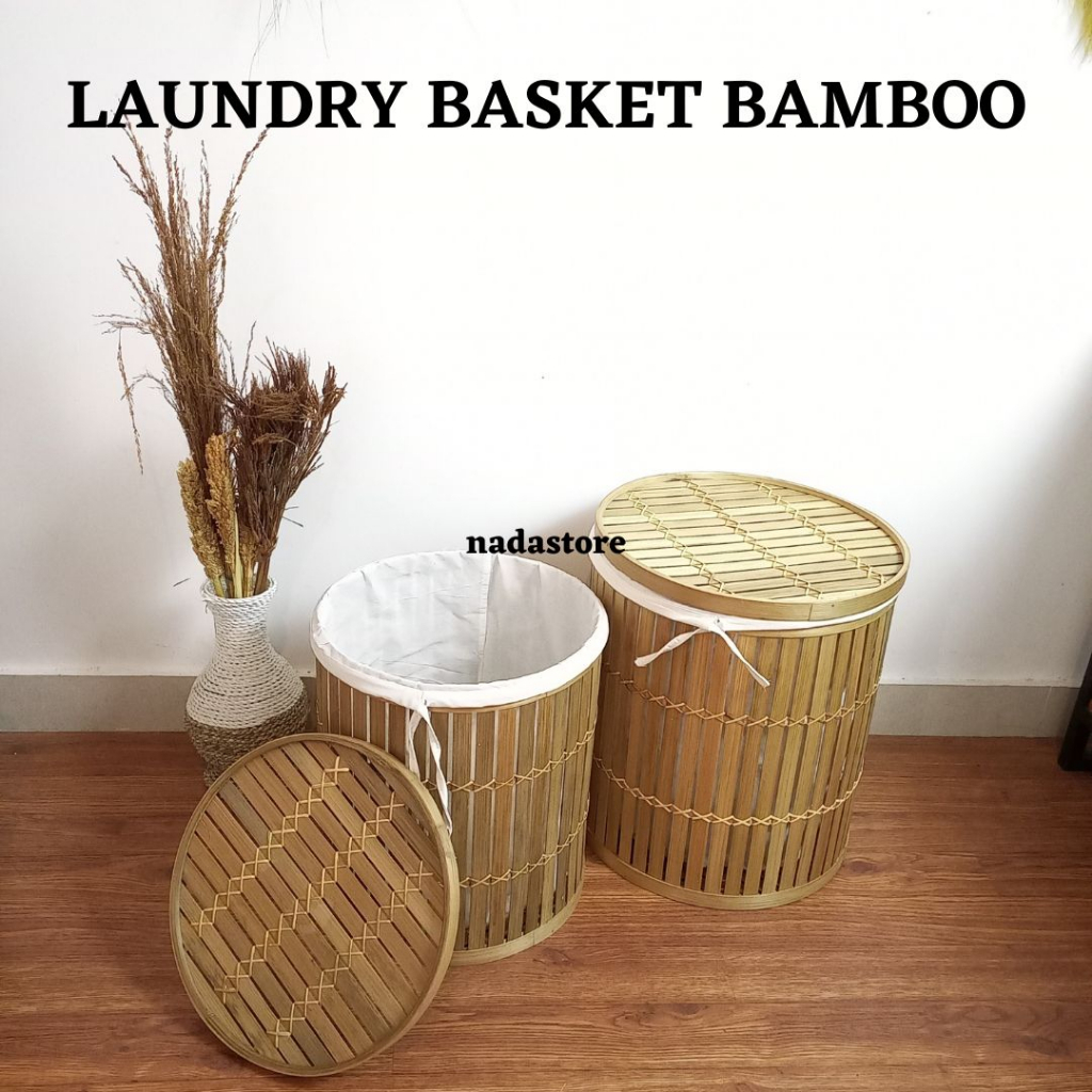 Keranjang Laundry / Keranjang Baju Kotor Dengan Tutup Dan Kain Serbaguna Anyaman Asli Bambu / Rotan