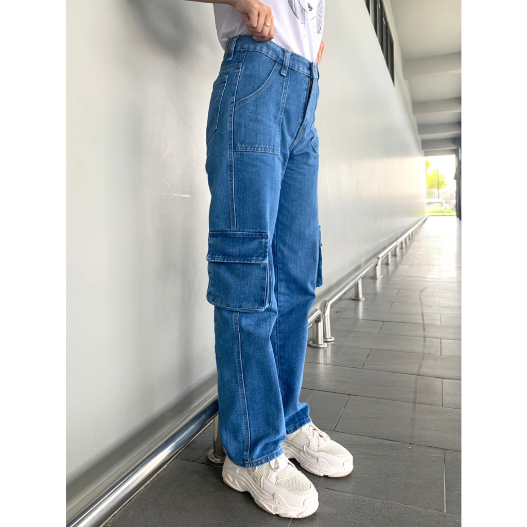 Celana Cargo Wanita bahan Jeans / Jeans Highwaist Pocket / Cargo Jeans Keyza | Celana Kargo HOPYLOVY