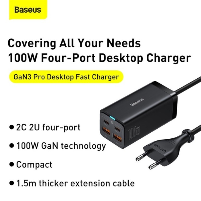 Baseus GaN 3 Pro 100W Desktop Fast Charger 4 in 1 - Adapter Wall Charging - 2 USB Port + 2 Type C PD