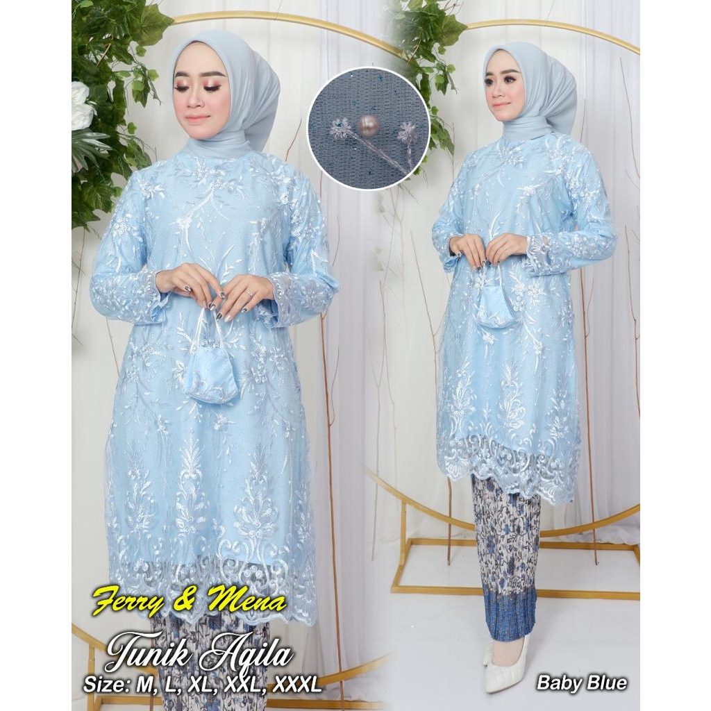 ADE&gt; SET KEBAYA TUNIK AQILA - TUNIK KEBAYA JUMBO MODERN - BAJU KEBAYA TULLE - OUTFIT KEBAYA PESTA CANTIK - KEBAYA BIG SIZE