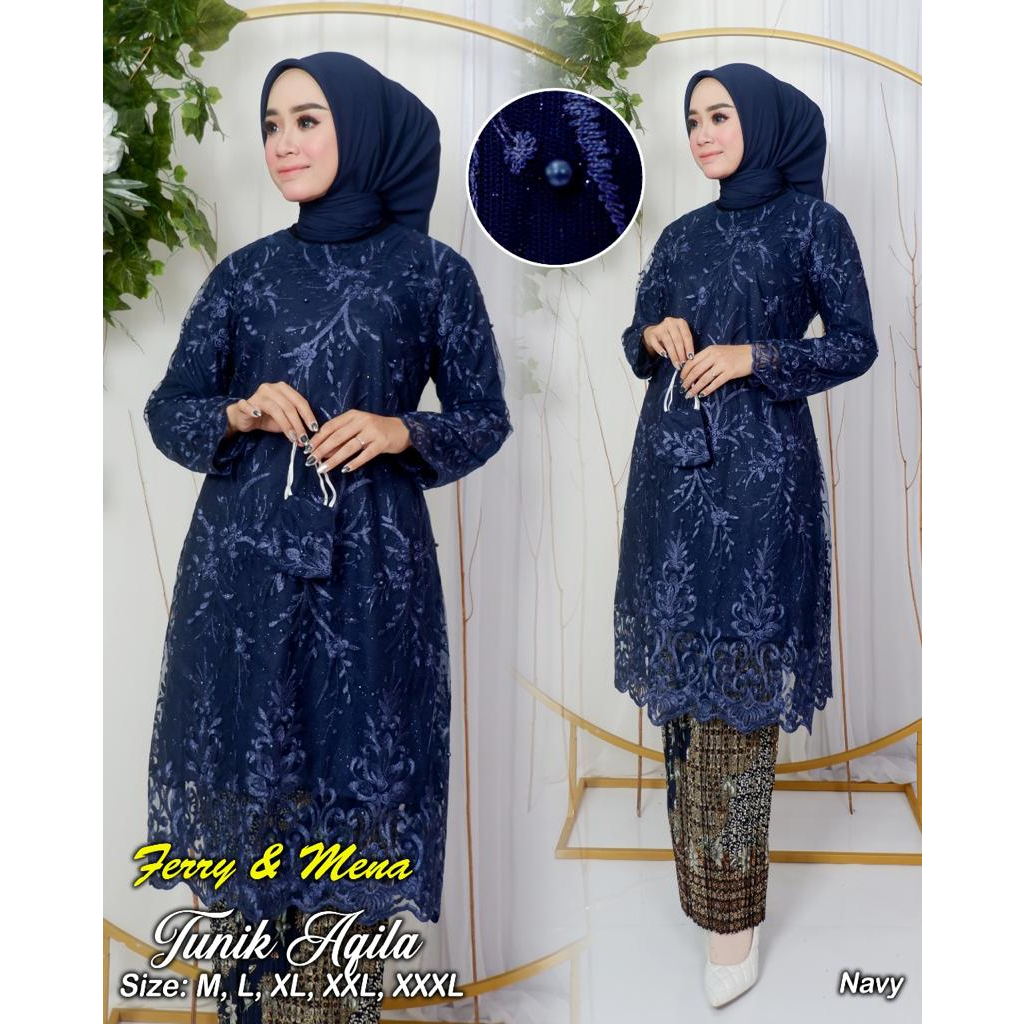 ADE&gt; SET KEBAYA TUNIK AQILA - TUNIK KEBAYA JUMBO MODERN - BAJU KEBAYA TULLE - OUTFIT KEBAYA PESTA CANTIK - KEBAYA BIG SIZE