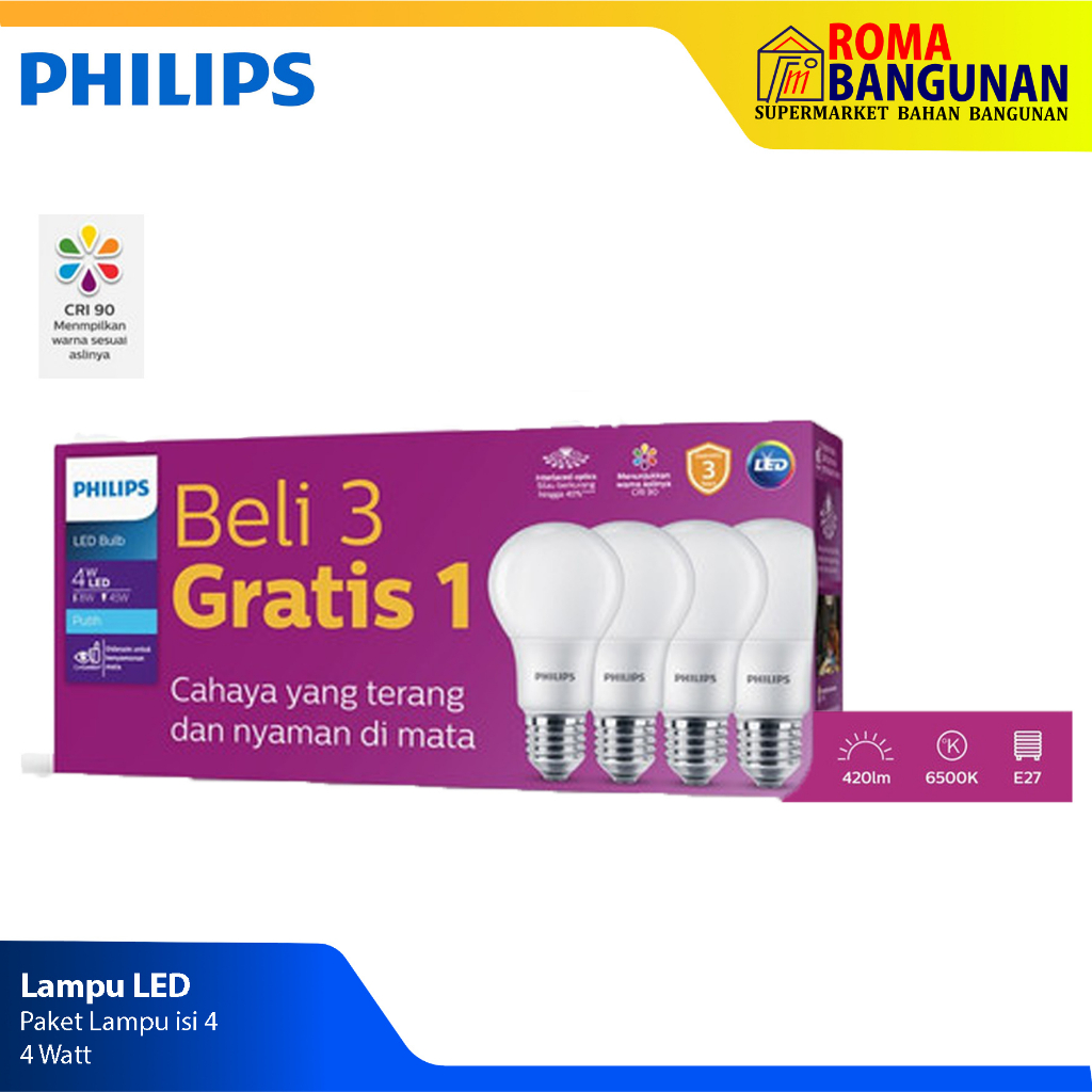 Phillips Paket Lampu Bohlam LED 4 W / 4W / 4 Watt multipack Beli 3 gratis 1 PROMO