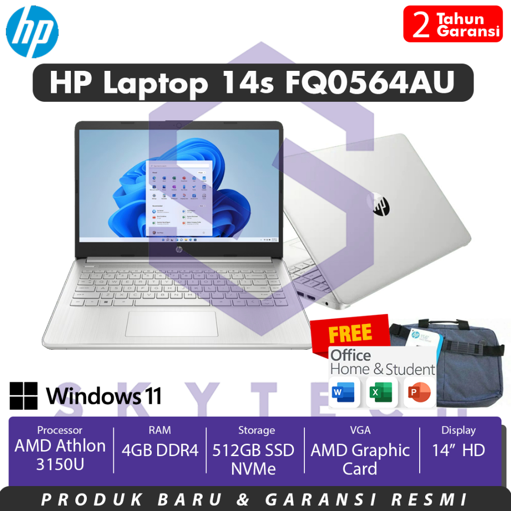 LAPTOP HP 14s FQ0564AU AMD ATHLON GOLD 3150U RAM 4GB SSD 512GB WINDOWS 11 OFFICE HOME STUDENTS 2021