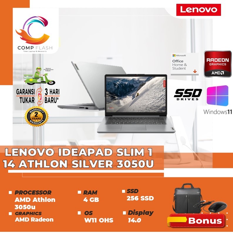 LAPTOP LENOVO IDEAPAD SLIM 1 14 ATHLON SILVER 3050U RAM 4GB 256SSD RADEON W11 OHS 14.0