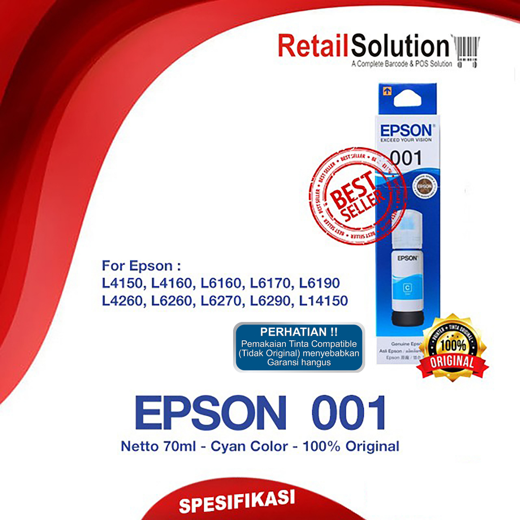 Tinta Epson 001 Cyan Original - Tinta L4150 L4160 L6160 L6170 L6190