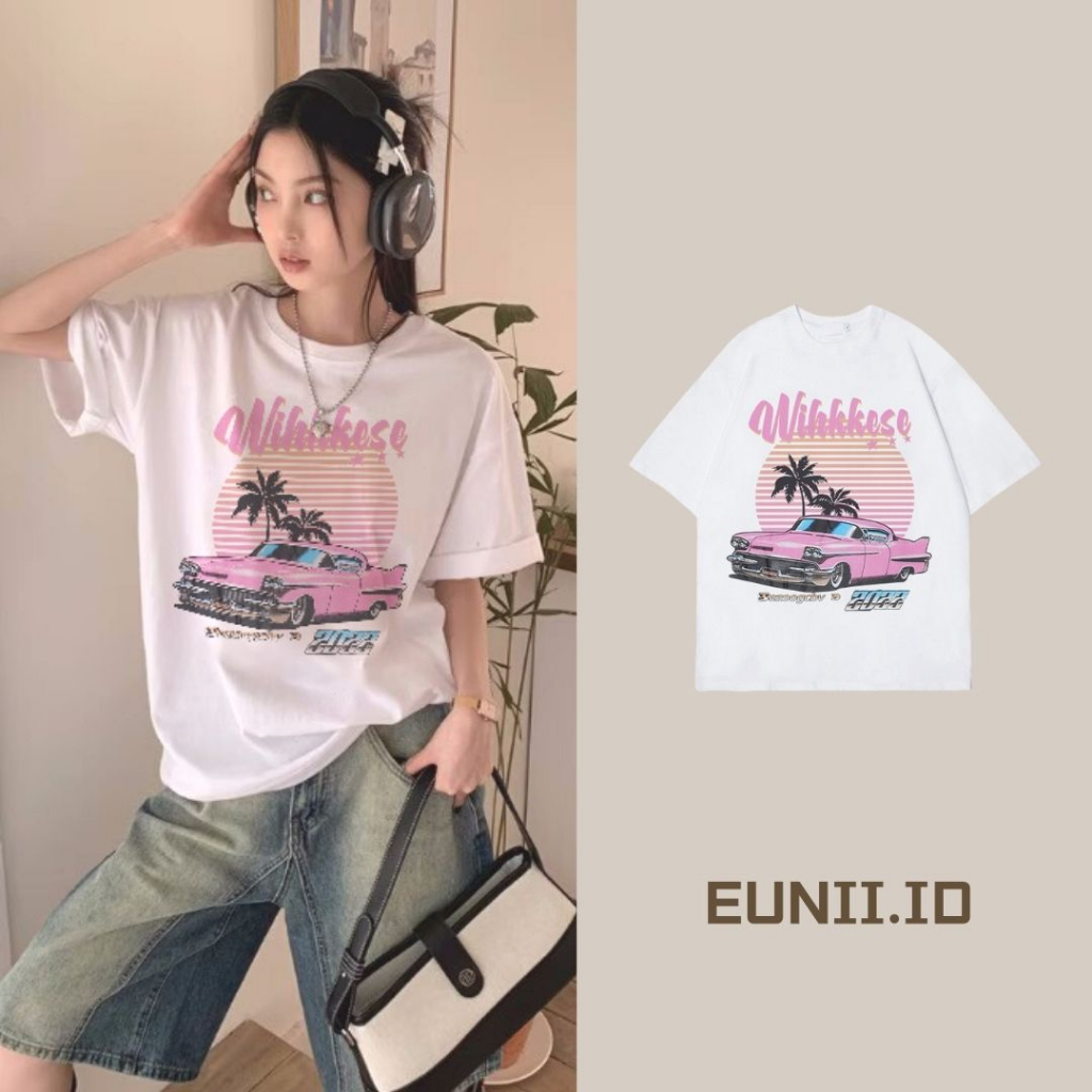 EUNII T-shirt Lengan Pendek Retro Pink Desert Car Printing Korean Style/Kaos Atasan Wanita/Baju Wanita/Kaos Wanita