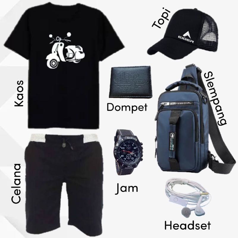 AFS - PAKET KOMPLIT PRIA 7 IN 1, KAOS VESPA, CELANA CHINO PENDEK, TOPI, DOMPET, JAM, TAS DAN HEADSET