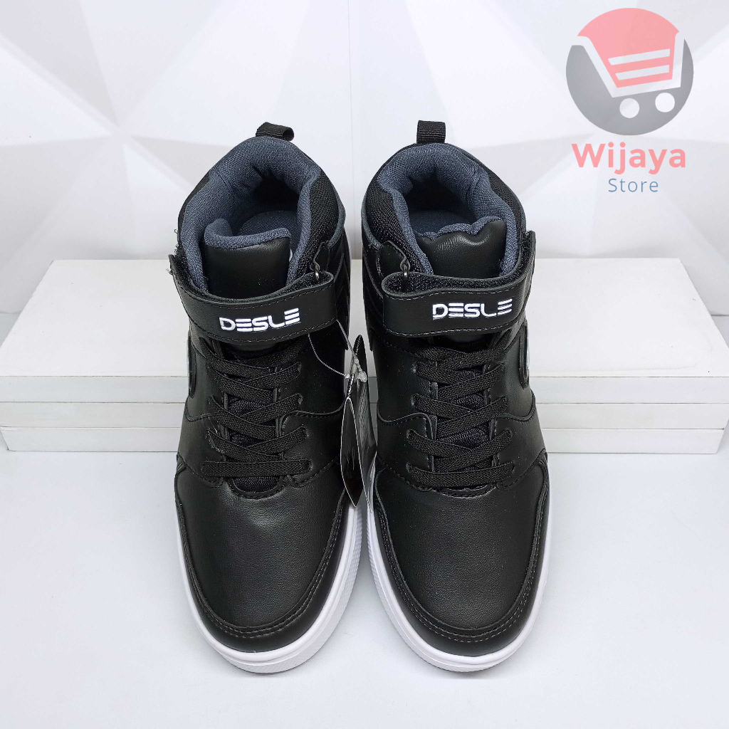 Sepatu Sekolah Desle 34-37 Sneaker Anak Boot Tinggi Hitam Polos Putih Bahan Kulit Sintetis Premium Strap Velcro CALVIN LUTHER KEVIN COSTNER