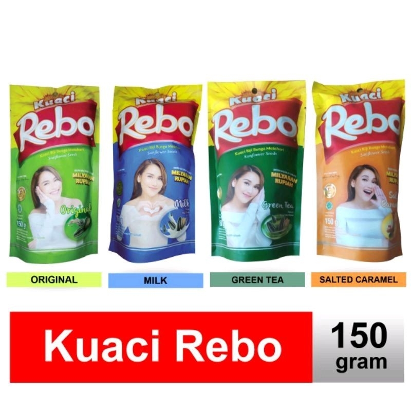 

Kuaci REBO kuaci biji bunga matahari Ukuran 150gr Variant Original, Milk, Green tea, Caramel HALAL!!!!