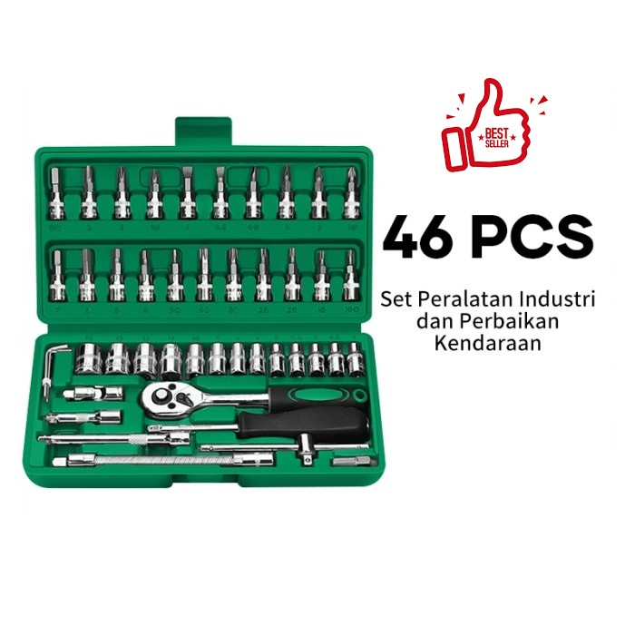 Socket Wrench Pas Socket Set 1/4 Car Repair Tool 46 pcs Lengkap Socket Tool Kit Pas Ring L Motor Mobil