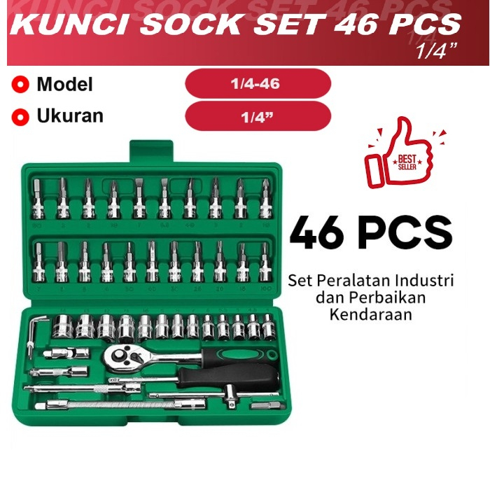 Socket Wrench Pas Socket Set 1/4 Car Repair Tool 46 pcs Lengkap Socket Tool Kit Pas Ring L Motor Mobil