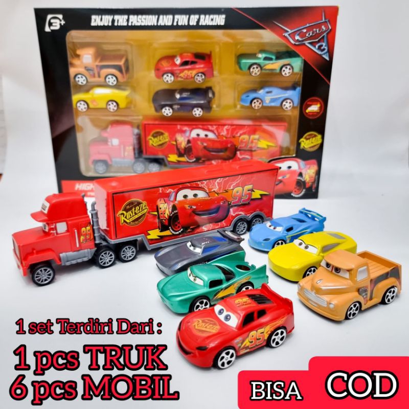 Set Mainan Mobil Truk Kontainer dan 6 Mobil Kecil Pull Back, 7 Pcs, Mainan Anak