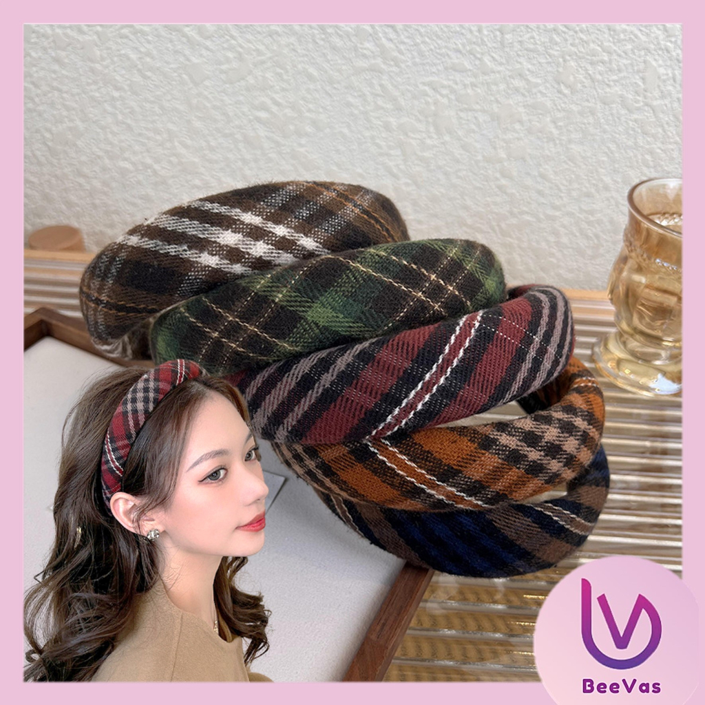 BV.ID BD1134 Bandana Wanita Retro Vintage Bando Headband Tebal Motif Garis Kotak Wanita Cewek Korea