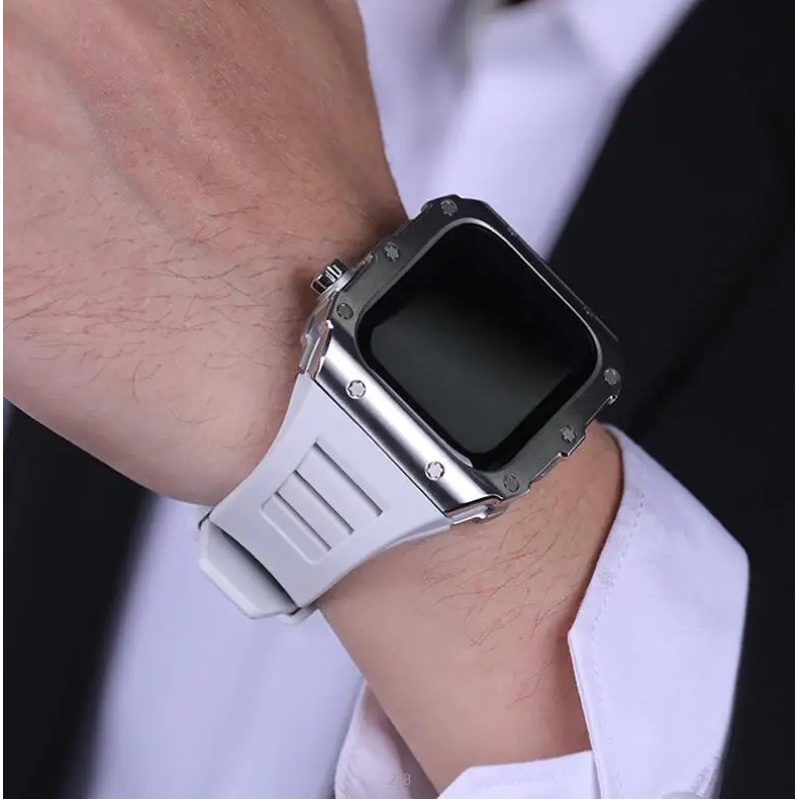 Luxury metal case apple watch stainless steel Iwatch series 8 7 45mm silicone rubber strap modification aksesoris AP Piguet