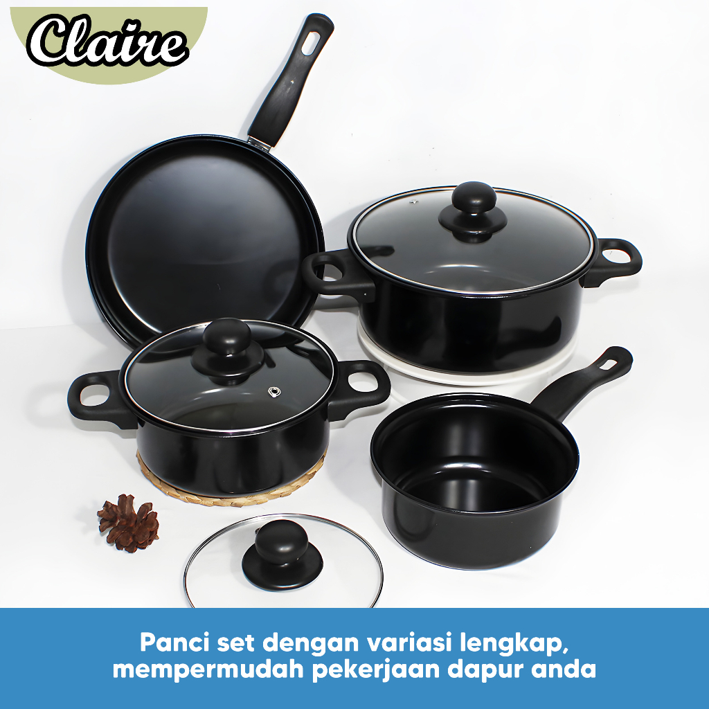 Panci Set 13 Pcs Hitam Anti Lengket Spatula 6 Pcs Penutup Kaca / Cookware Set Non-Stick