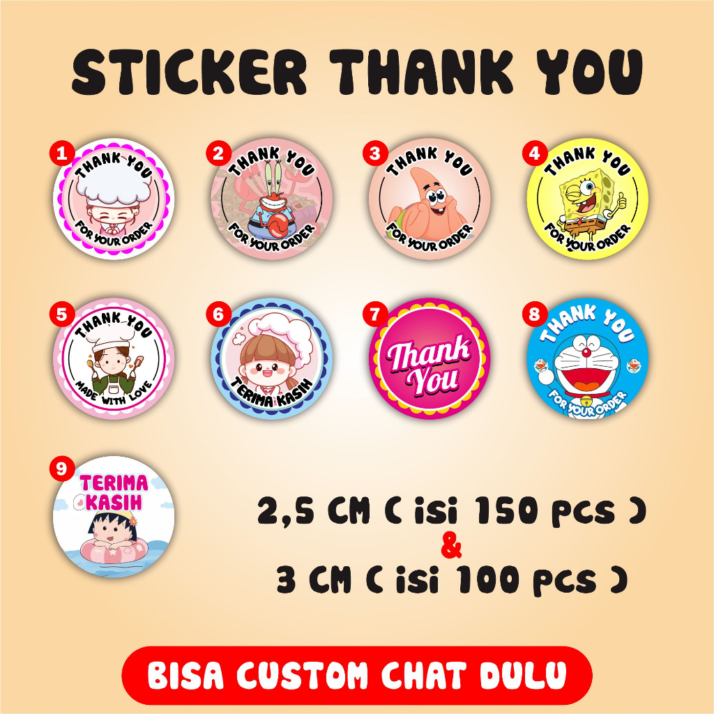 

Sticker Cut Thank You Stiker Thankyou Bulat 2,5 CM ( isi 150 pcs ), 3 CM ( isi 100 pcs ) & Custom Sticker