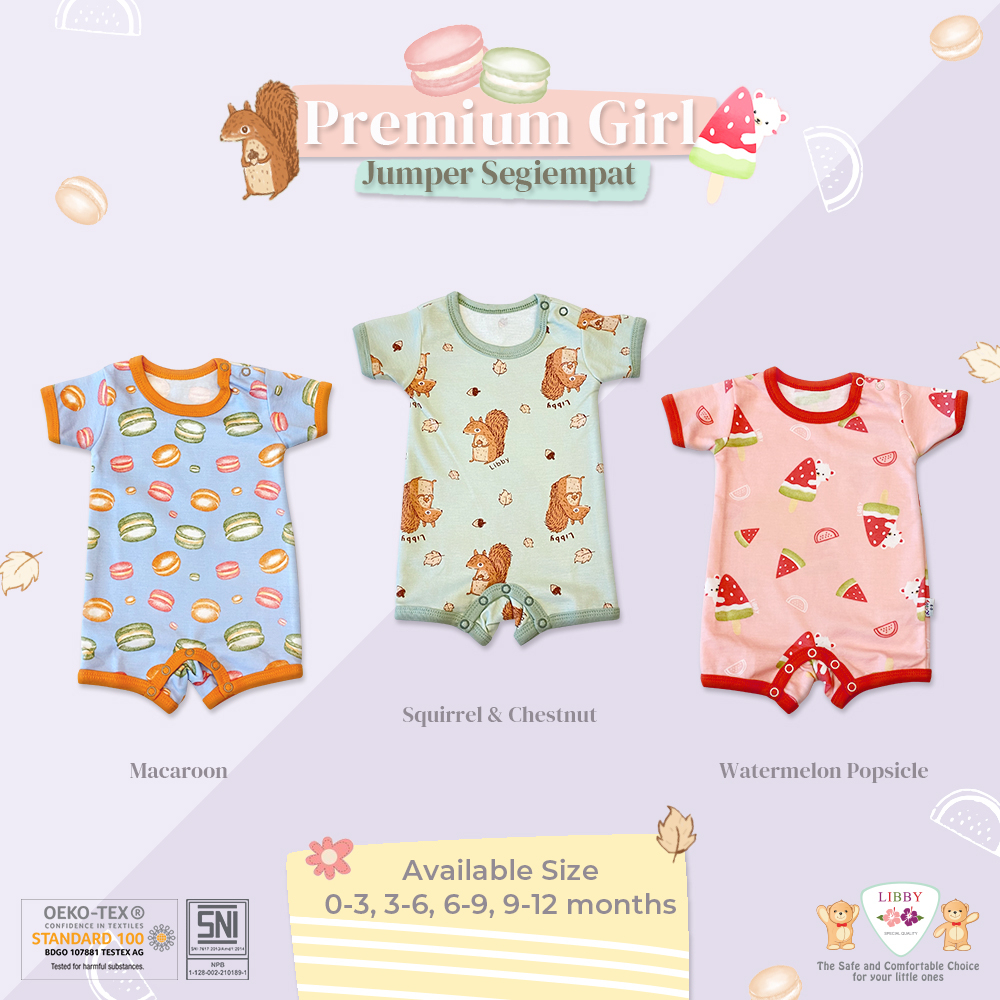 Baju Bayi Romper Bodysuit Libby Premium Jumper Pendek Segiempat 0 6 9 12 Bulan Isi 3pcs