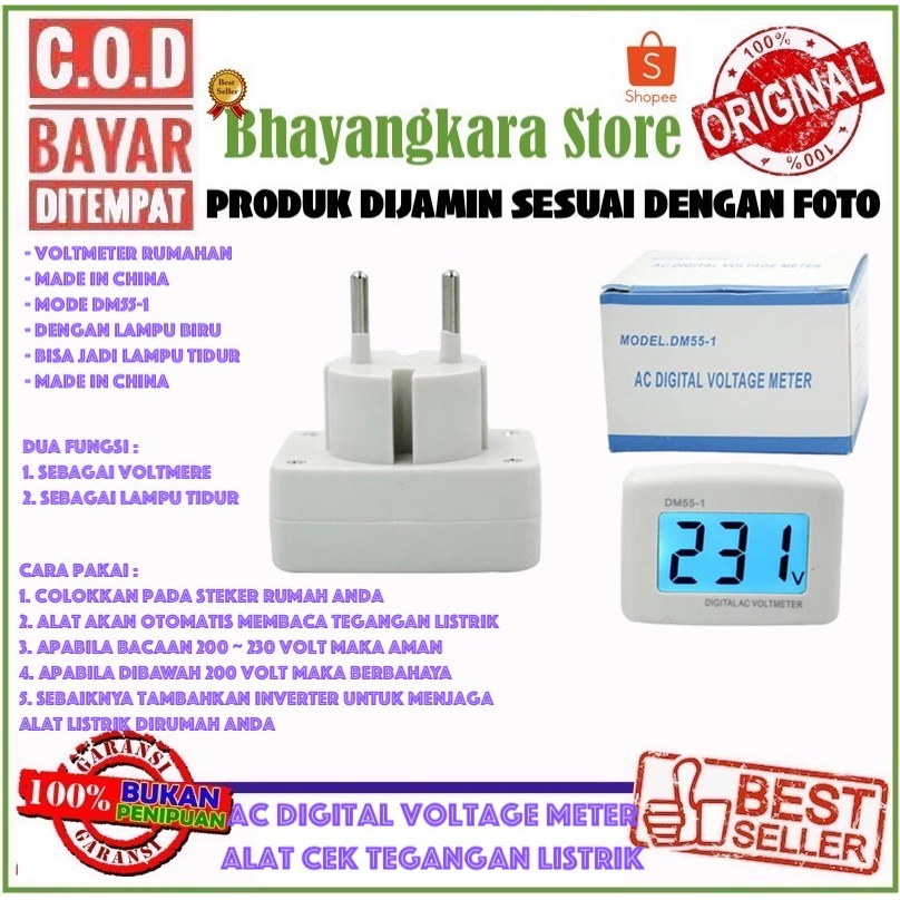 IMPOR VOLTMETER DM55-1 AC VOLT METER 220V PLUG EU ALAT UKUR TEGANGAN LISTRIK TINGGAL COLOK LAMPU TIDUR