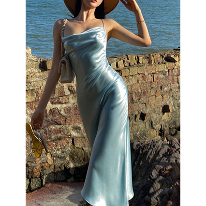 【Premium】Summer  Ice Blue Strap Halter Thin Island Holiday Dress  7497