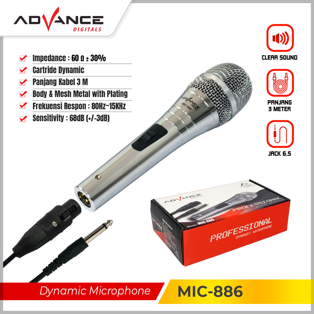 ADVANCE Microphone Profesional Dynamic Silver MIC-886 Mic Karaoke