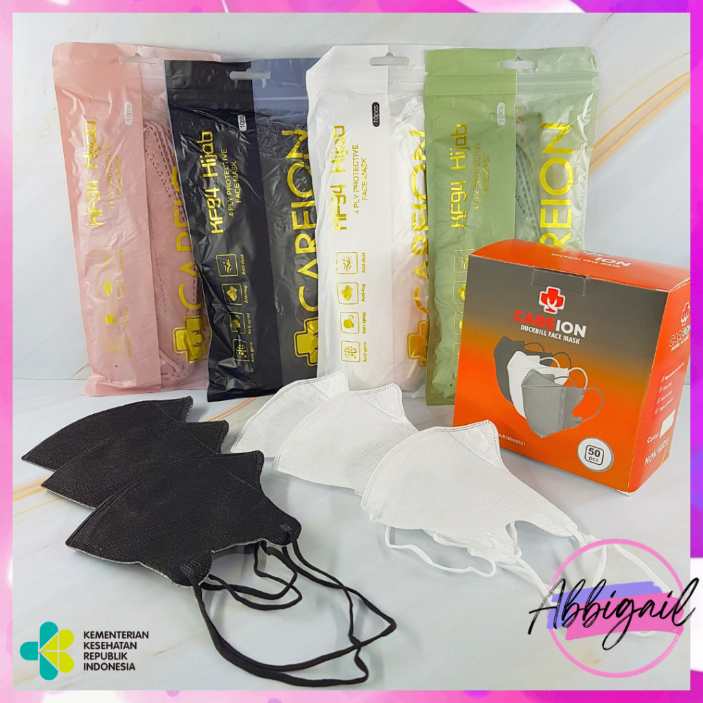 𝘈𝘉𝘎✰ C͏A͏R͏E͏I͏O͏N͏™ MASKER KF94 HIJAB HEADLOOP 4 PLY ISI 10 PCS / KF94 CAREION HITAM PUTIH MODEL HIJAB / CAREION 3D MASK WARNA WARNI DEWASA 1090