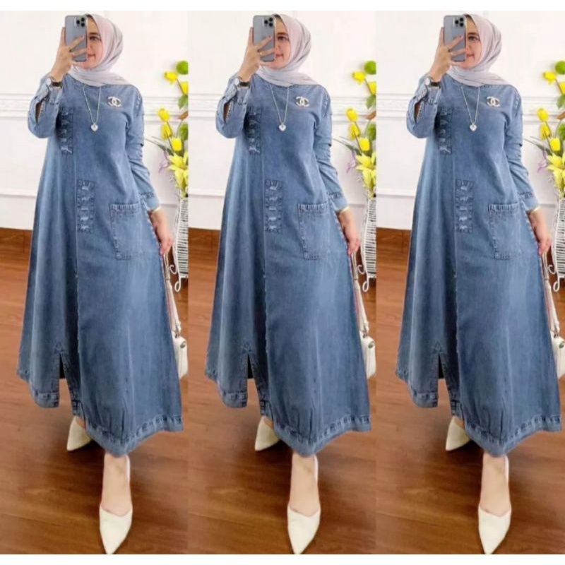Midi Dress Jeans Sobek Jumbo Wanita