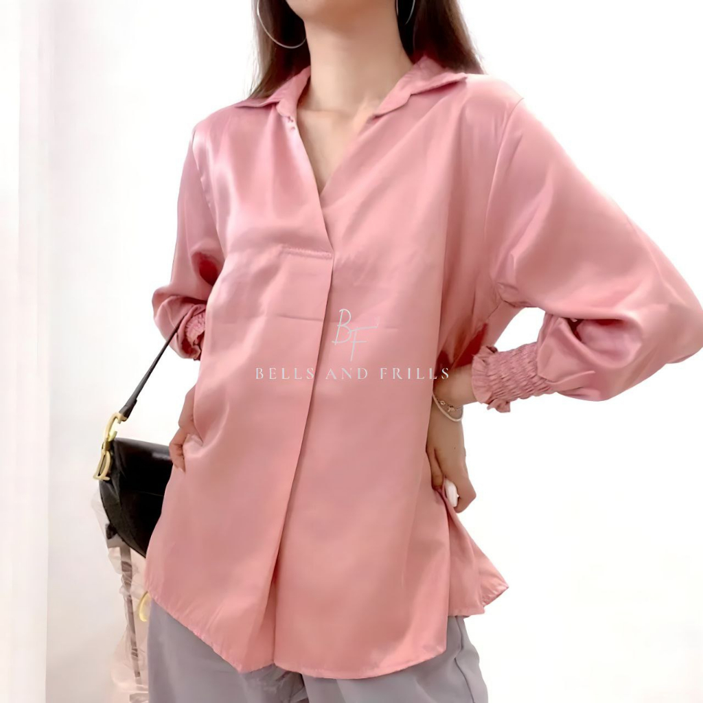 [Satin] KARA Blouse V Neck / Blus Kerah Kerja / Atasan Wanita Kantor / Kemeja Kerah V Formal 0319-A