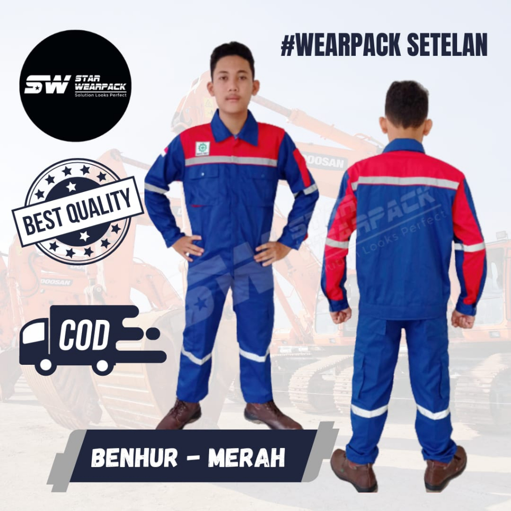 Star Wearpack - Baju Kerja Proyek Setelan Baju &amp; Celana Warna Benhur Kombinasi Merah