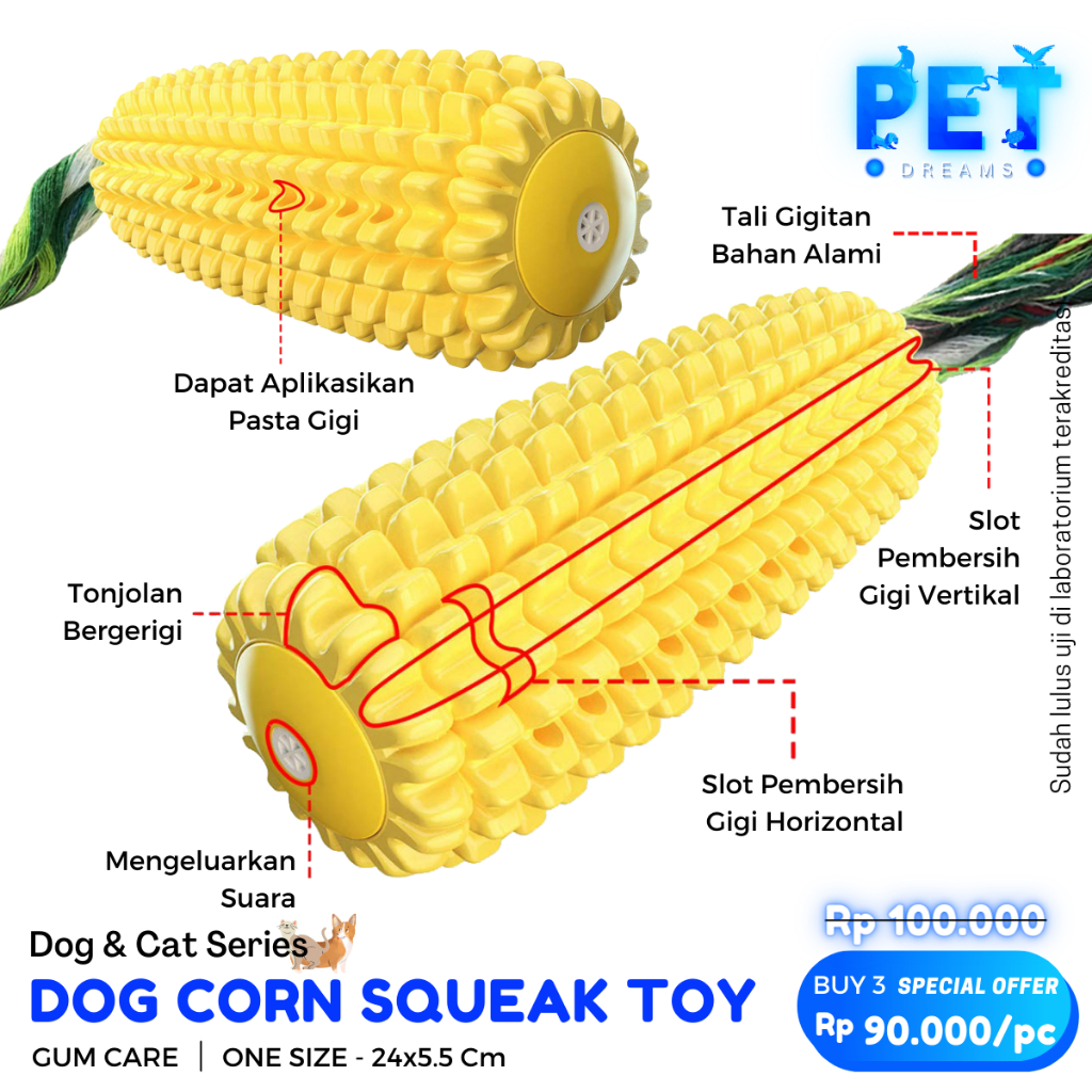 MAINAN ANJING JAGUNG GIGIT BUNYI TALI GIGITAN PEMBERSIH GIGI DOG PUPPY CHEW ROPE DENTAL TOY