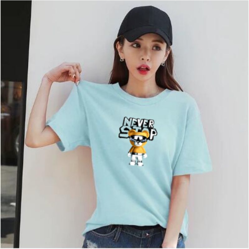 Kaos Wanita Gambar Never Stop Bear (LD 43-49 , P 58-64)