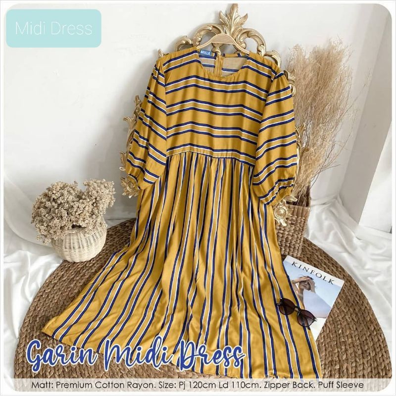 GAMIS MIDI DRESS RAYON VISCOSE SALUR KUNING - MIDI DRESS BUSUI