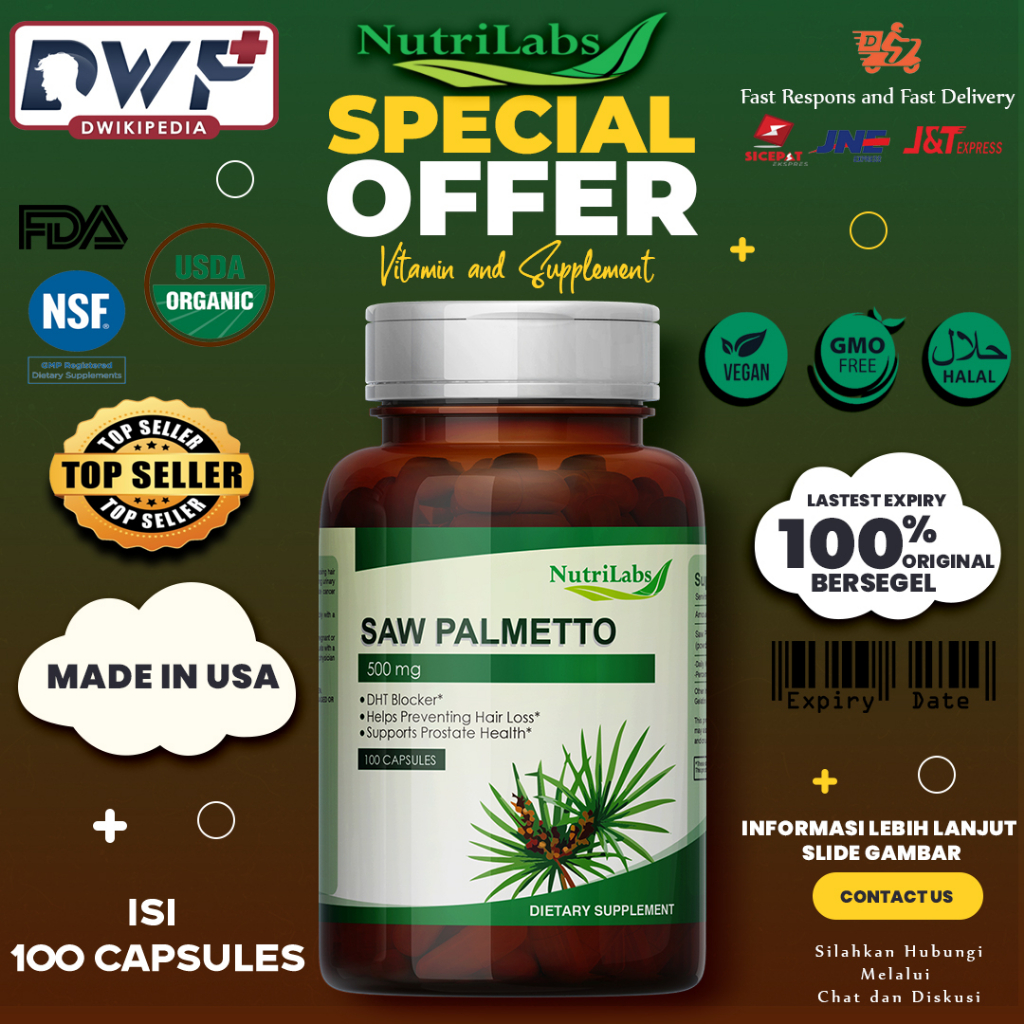 Nutrilabs Saw Palmetto 500 mg - 100 Capsules (Finastride Herbal) DHT Blocker (Not Puritan)