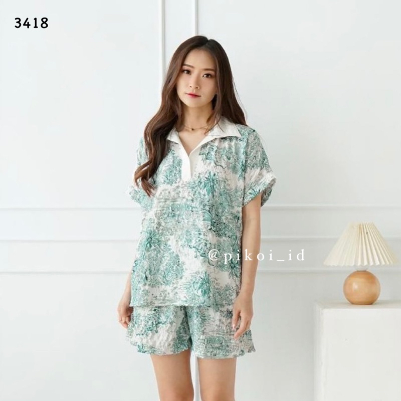 One set katun rayon pastel / sleeveless set korea / ruffle set wanita celana pendek katun kotak 3418