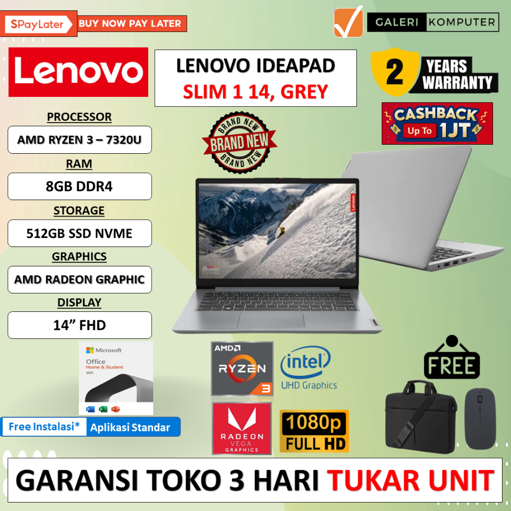 LAPTOP BARU LENOVO IDEAPAD SLIM 1 AMD Ryzen 3 7320U 8GB 512GB SSD FHD WINDOWS 11 FREE OHS SAND