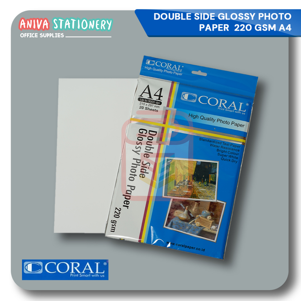 

CORAL GLOSSY PAPER DOUBLE SIDE A4 220 GRAM (1 PACK = 20 SHEET) BOLAK BALIK