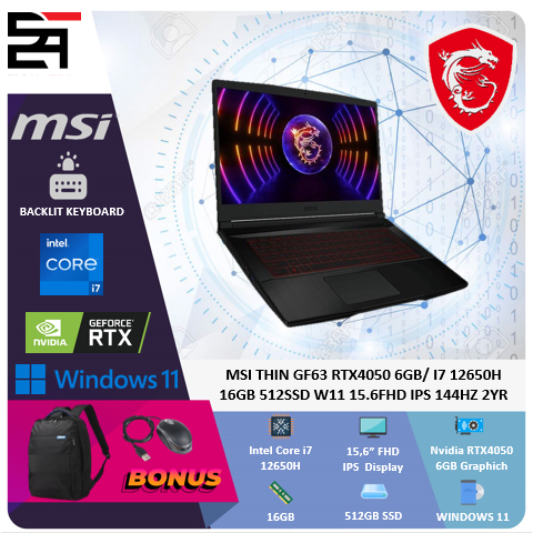 MSI THIN GF63 RTX4050-6GB i7 12650H 16GB 512GB SSD W11 15.6 Inchi FHD IPS 144Hz